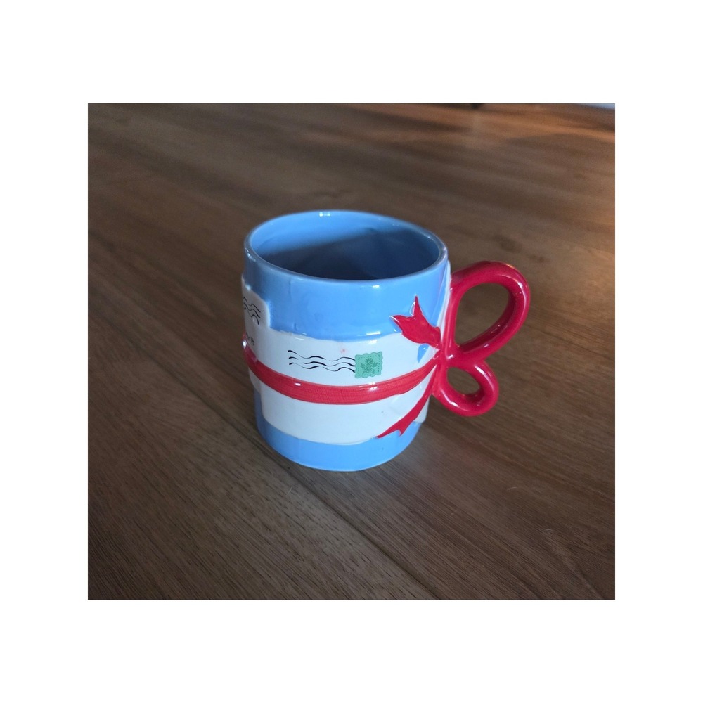 UO Home Urban Outfitters Snail Mail Envelope Mug Blue Red Bow Handle Ceramic